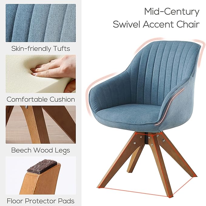 Art Leon Office Chair No Wheels Mid Century Modern Desk Chair No Wheels Swivel Accent Chair with Solid Wood Legs Upholstered Arm Chair for Small Spaces Living Room Bedroom Blue