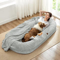 Human Dog Bed for Adult - Luxury Faux Fur Giant Size Dog Bed with Portable Handle Egg Orthopedic Foam with Blanket 72x40x10 Light Grey