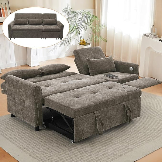 3 in 1 Convertible Pull Out Sofa Bed 82 Pull Out Couch Bed with USB&ampType-C Ports Corduroy Sleeper Sofa Reversible Chaise Recliner for Small Spaces Living Room Apartment Office (Dark Grey 82