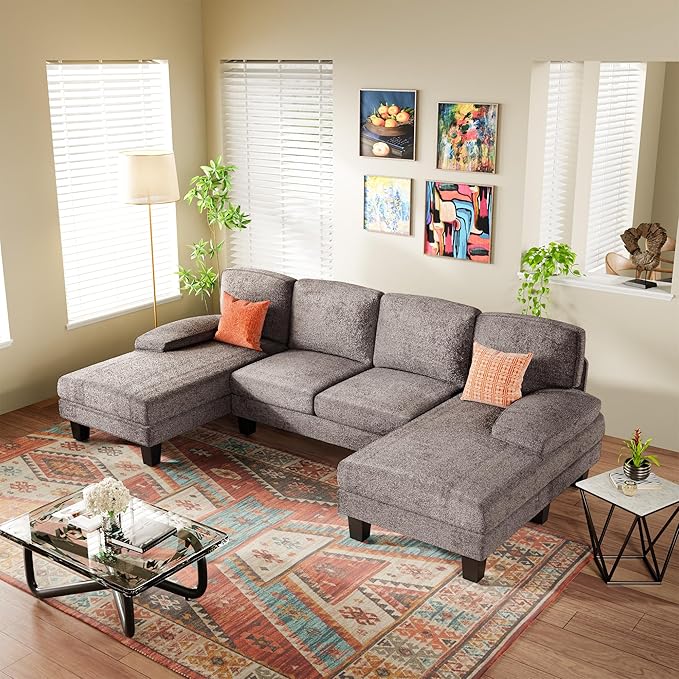 YESHOMY Sectional Couch for Living Room Modern Cloud Couch with Deep Seat and Chaise U-Shaped Sofa Couches with Padded Armrest for Small Apartment (Chenille Grey)