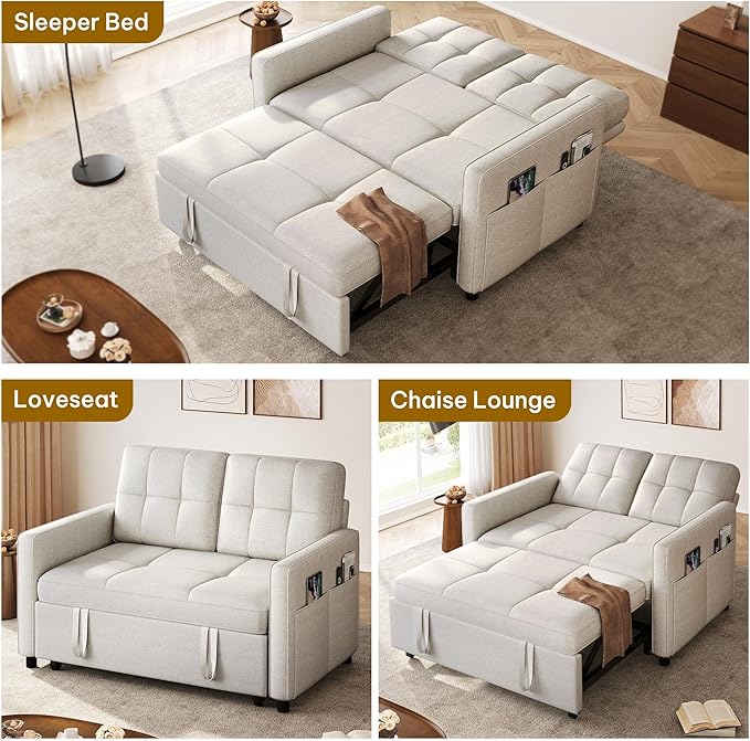 DWVO 55 Convertible Sofa Bed 3-in-1 Sleeper Sofa with Pull-Out Bed Linen Futon Couch with Adjustable Backrest and Side Pocket Modern Loveseat for Living Room Apartment Light Beige