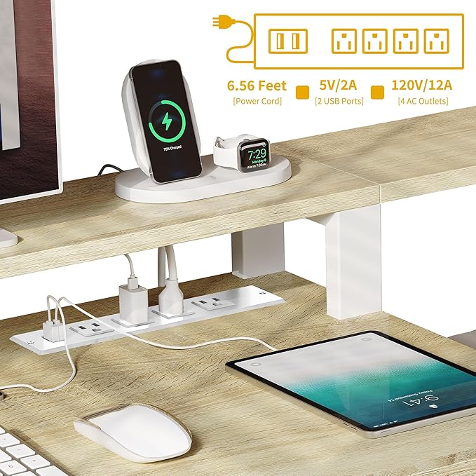 DWVO L Shaped Desk with Drawers 65 Computer Desk with Power Outlets &amp LED Lights Corner Home Office Desk with Storage Shelves &amp Printer Stand White &amp Oak