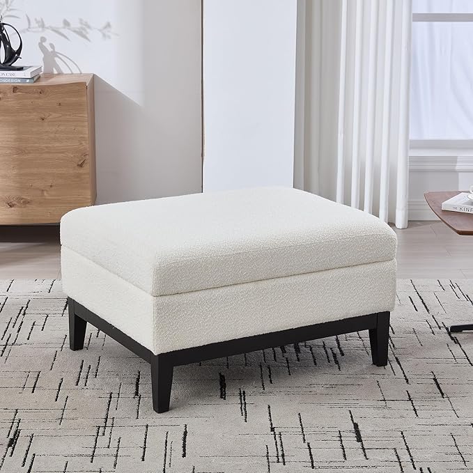 Wood Base Accent Arm Chair with Ottoman and Bolster PillowsStorage Footstool with Reversible Lid Coffee Table for Living Room Office (33.86W Ivory Foot Stool+Black Base)