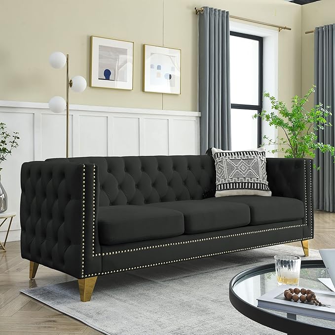 KEIKI Tufted Velvet 3+3 Seat Sofa Couch for Living Room Buttons Tufted Square Arm Couch for Home Apartment Black