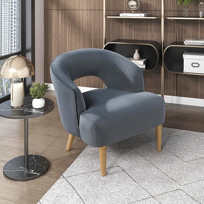 Lexicon Accent Arm Chair Modern Comfy Velvet Accent Chair Open Back with Solid Wood Legs for Living Room/Bedroom/Office/Waiting Room Dark Gray