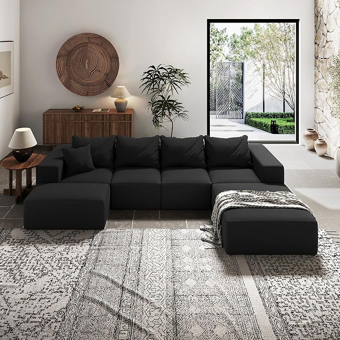 Yoglad 132 Modern L-Shape Sectional Upholstery Sofa 6 Seat Freedom Combination Living Room Sofa Comfy Deep Seat Floor Furniture with 6 Pillows for Living Room Office (Chenille Black)