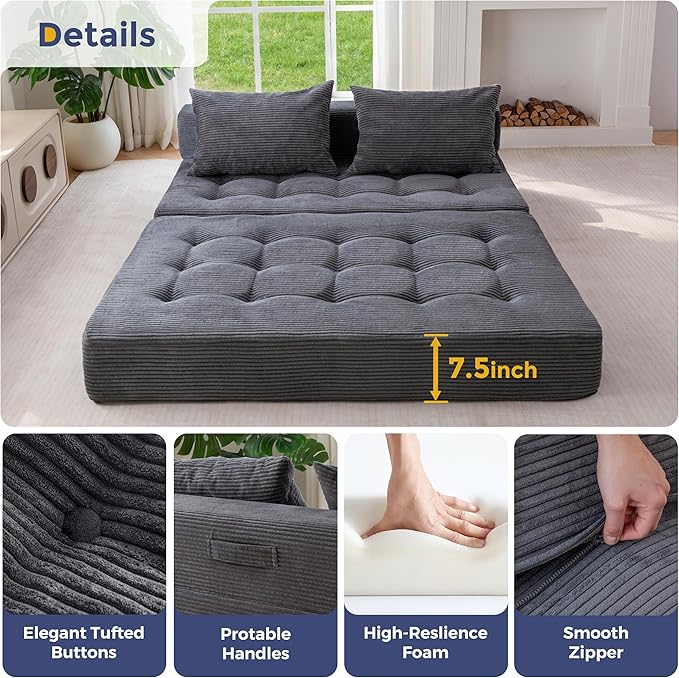 MAXYOYO Folding Sofa Couch Convertible Floor Sleeper Couch with 2 Pillows Tufted Floor Loveseat Couch Tufted Fold Out Chair Bed Comfy Sofa Lounge for Living Room Bedroom Dark Grey