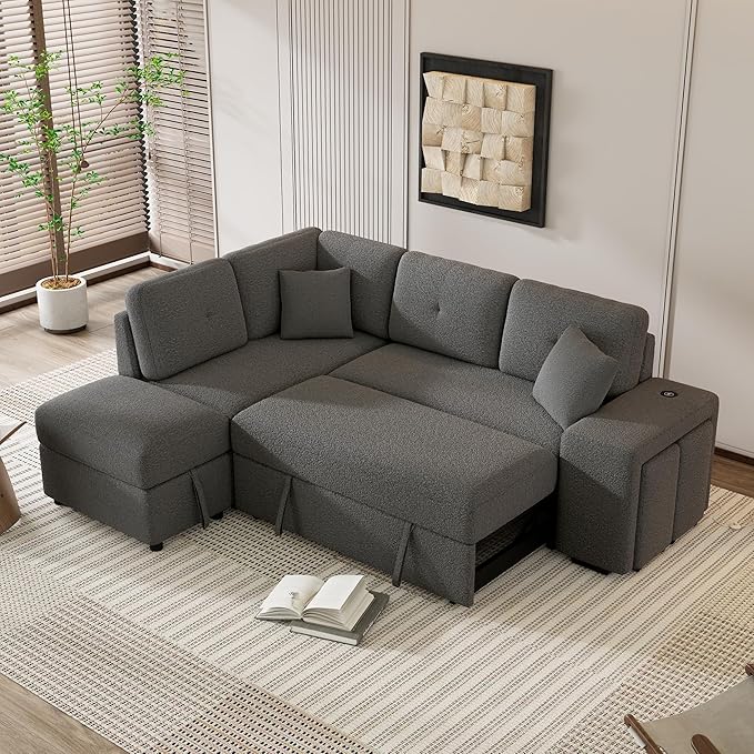 Upholstered L-Shaped Convertible Corner Sofa Couch with 2 Stools and 2 Throw Pillows Chenille Sectional Pull Out Sofa Bed with Storage Ottoman and 2 Hidden USB Ports for Living Room (Dark Grey-5)