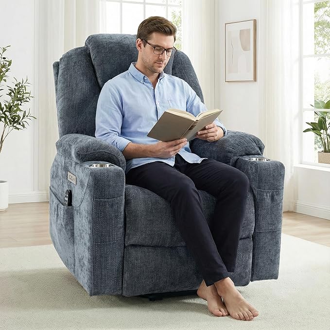 Power Lift Chair with Massage &amp Heat Electric Recliner Chairs for Adults Remote Control Sofa for Living Room Standing Assistance USB Ports Stainless Steel Cup Holders (Chenille Blue)
