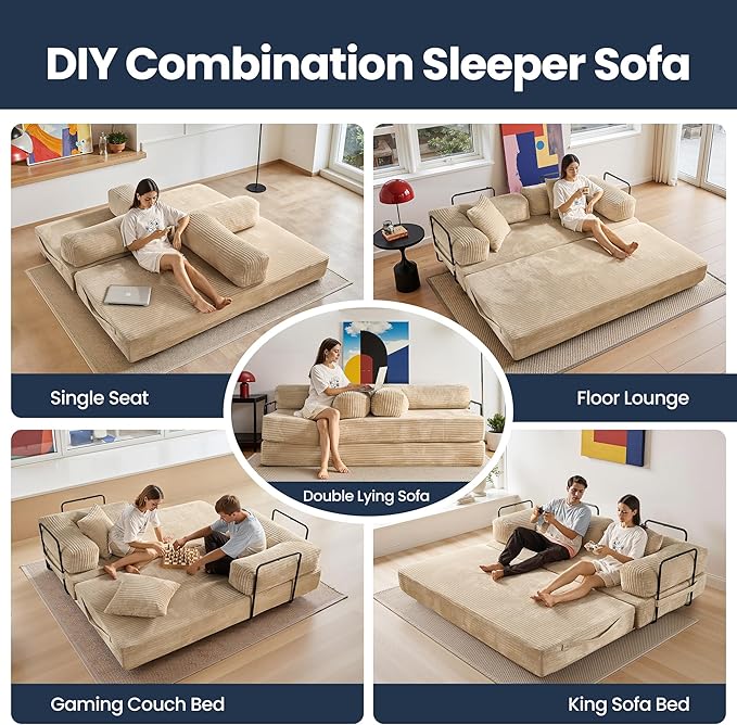 4-in-1 Folding Convertible Sofa Bed 81 Boneless Couch with Pillow Back Support Armrest Corduroy Loveseat Sleeper Compression Couch Floor Sofas Futon for Living RoomBeige