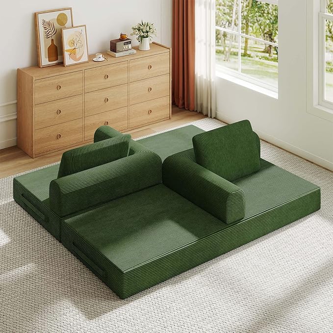 Convertible Sleeper Sofa Bed 3-Seat Corduroy Futon Couch with Cylindrical Pillow Foldable Mattress for Living Room &amp Bedroom 79 Inch Multi-Functional Sofa (Jade)