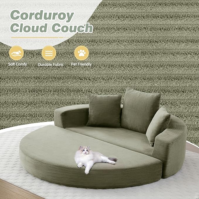 TTK 67” Oversized Round Sofa Bed 2 in 1 Convertible Circle Bed Folding Futon Lazy Floor Round Chaise Lounge Chair Comfy Corduroy Boneless Loveseat Couch for Living Room Apartment No Assembly (Green)