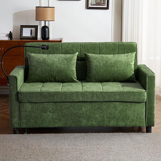 3 in 1 Convertible Sleeper Sofa Bed with Pull-out Bed 61 Chenille Chaise Lounge with 3-level Adjustable Backrest Tufted Loveseat with Phone Holder &amp 2 Soft Pillows for Living Room Apartment Gr