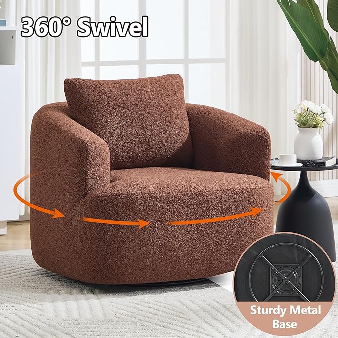 Swivel Accent Chair 360° Rotating Barrel Chair with Teddy Fleece Upholstery &amp High-Resilience Sponge Cushion Easy Assembly Single Sofa for Living Room Bedroom or Apartment (Brown)