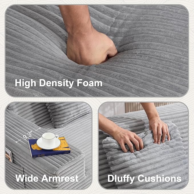 76 Cloud Loveseat Sofa Plush Corduroy Fabric 2 Seater Boneless couches Modern Small Couch for Living Room Comfy Deep Seat Sofa Apartment Office Small Spaces Light Grey