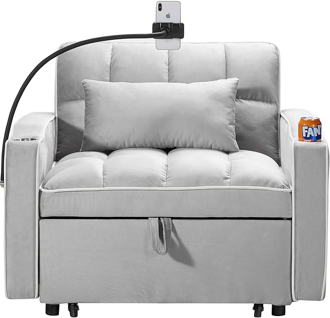 Convertible Chair Bed 3 in 1 Sofa Bed Chair with Adjustable Backrest &amp Cup Holder &amp Charging Station Small Space One Person Couch for Apartment Office Living Room Bedroom (Grey)