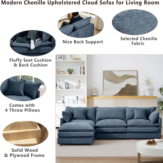 102 L-Shaped Sofa for Living RoomModular Sectional Cloud Sofa Couch with OttomanModern Chenille 3 Seater Sofas with Deep SeatSmall L Shaped Couches for Bedroom (Blue 102)