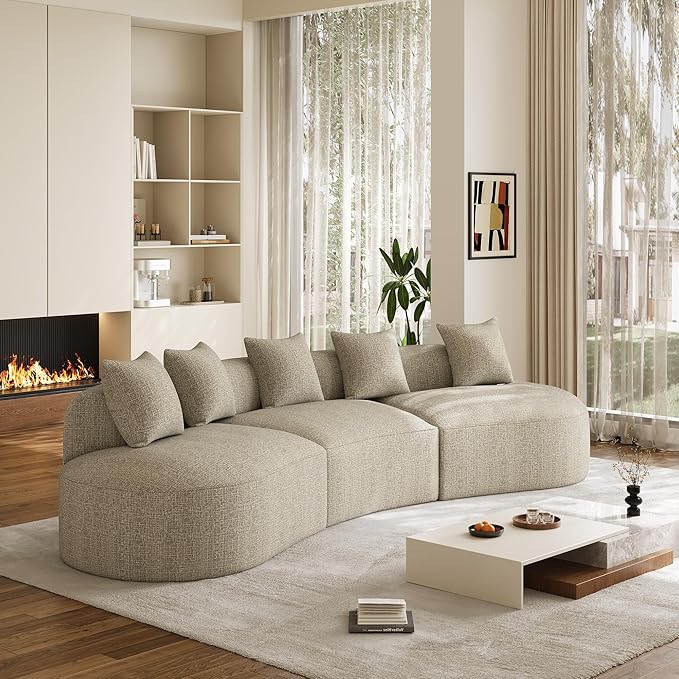 134 Oversized Sectional Sofa for Living Room Modern Luxury Plush Chenille 4-Seater Extra Deep &amp Wide Seat Curved Cloud Couch with 5 Throw Pillows No Assembly Needed Light Brown