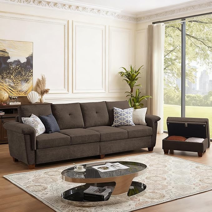 108 Sectional Sofa Convertible L Shaped Sofa with Ottoman and Large Storage 4 Seat Sectional Couch with Cup Holder Couches for Living Room Apartment Office (Brown)