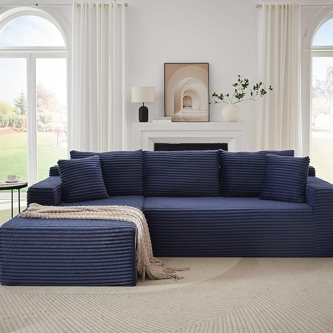 Sectional Couch with L-Shape Chaise 103 Modular Sectional Sofa with Deep Seat Modern Corduroy Couch Lazy Compression Sofa for Living Room No Assembly Required Left Facing Chaise Blue