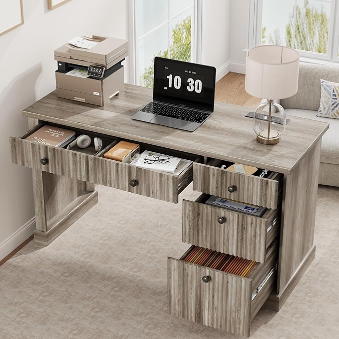 Garvee Fluted Home Office Desk Storage 54 Modern Executive Desk with Charging Station Wooden Computer Writing Desk with File Cabinet &amp Drawers for Study Living Room Bedroom