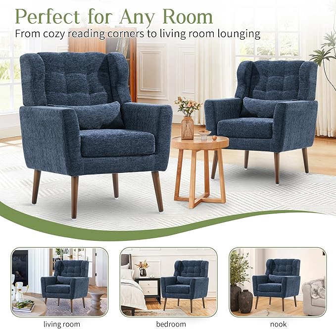 cinkehome Accent Arm Chairs for Living Room Chenille Upholstered Mordern Armchair Comfy Soft Padded Lounge Chair in Small Spaces Bedroom Pillow Solid Wood Leg Blue