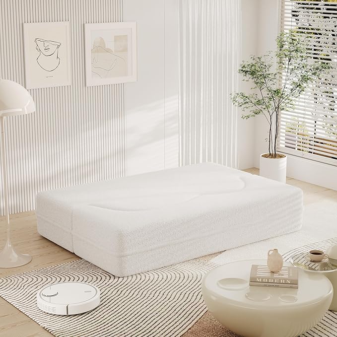 Floor Sofa Futon Cloud Couch Convertible Sofa Bed with 2 Pillows Teddy Fabric Foam-Filled Loveseat Sleeper Sofa Couches for Living Room 15 Full Size Folding Mattress No Assembly Required (Beige)
