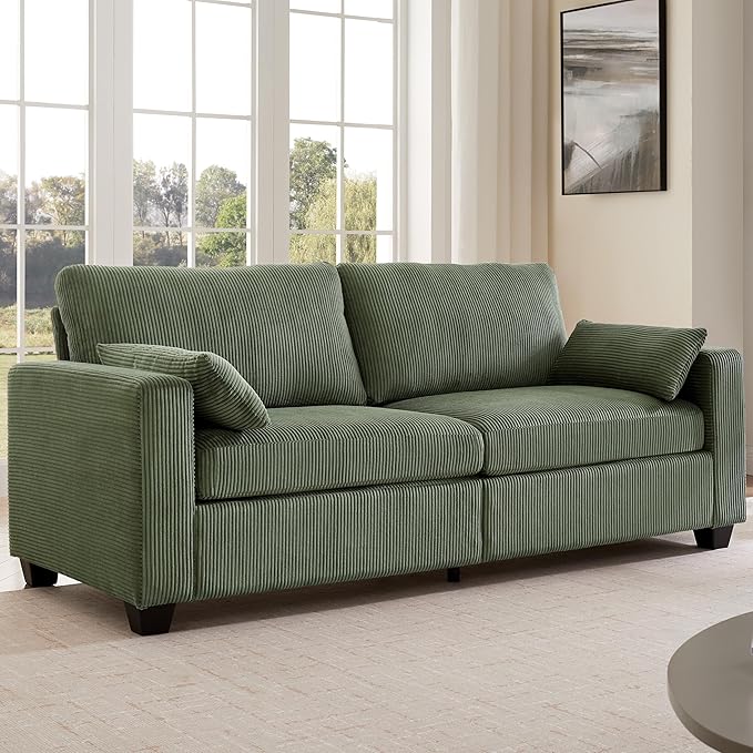 Modern Loveseat Sofa for Living Room Removable Cover Spring Cushions Solid Wood Frame Wide Armrest Corduroy Fabric Recliner Couches for Small Space (Green Corduroy 81 inch)