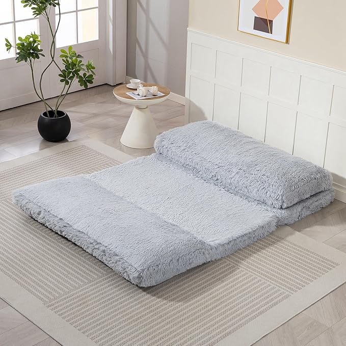 HOMCOM Bean Bag Chair Floor Sofa Bed for Adults Thick Long Folding Sofa Bed 54 x102 in Wall Couch Sleeper Chair Floor Mattress for Living Room Light Gray