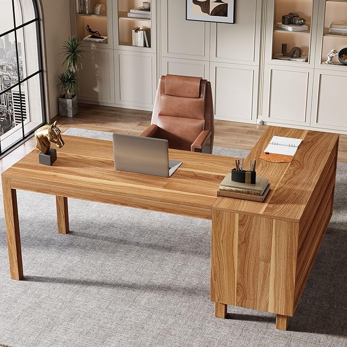 Tribesigns L-Shaped Desk with File Cabinet 59-Inch Executive Office Desk with Storage Shelves Wooden Study Writing Desk Farmhouse Corner Computer Desk for Home Office Rustic Brown