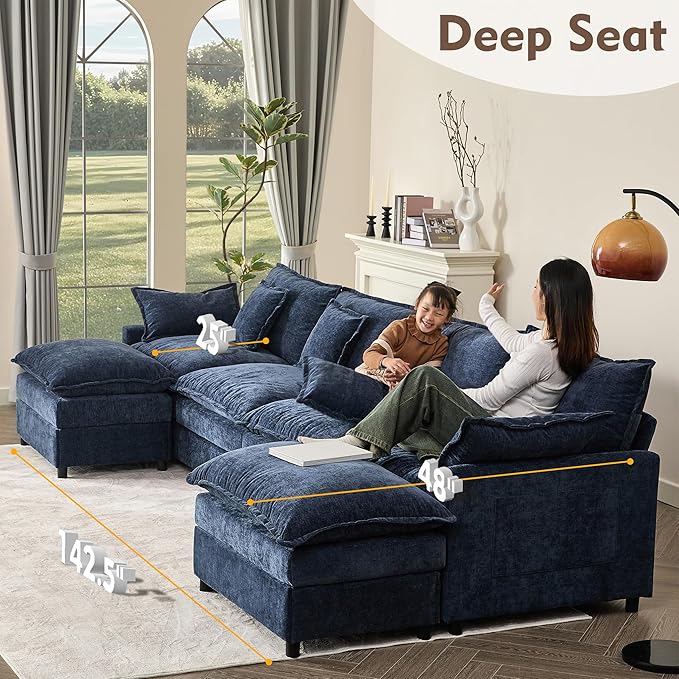 142.5 U Shaped Couch Modular Sectional Sofa 3-Seater Comfy Cloud Couch Set of Modular Pieces with Movable Ottoman Deep Seat Couches for Living Room Chenille Navy