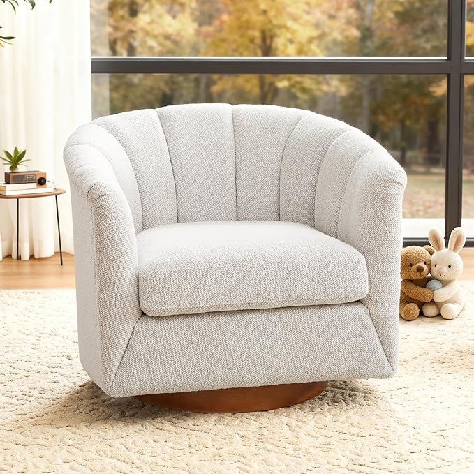 SITJOY Swivel Accent Chair Mid Century Modern Barrel Armchair with Solid Ash Wood Base Upholstered Chair for Living Room Bedroom Fabric in Ivory Set of 2