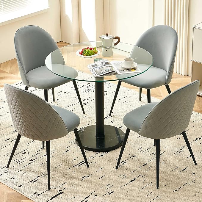Modern Circle Dining Table Set for 4 35.43-Inch Kitchen Coffee Table Set with 4 Seated Dining Chairs Upholstered Velvet Reception Room Chairs Tulip Glass Table Set Metal and Marble Base