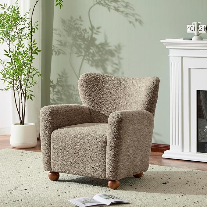 Christopher Knight Home Lindy Wingback Accent Chair Upholstered Armchair with Rounded Wooden Legs Curved Backrest Single Sofa Soft Cushion Seating Comfy Lounge Chair for Living Room Light Brown
