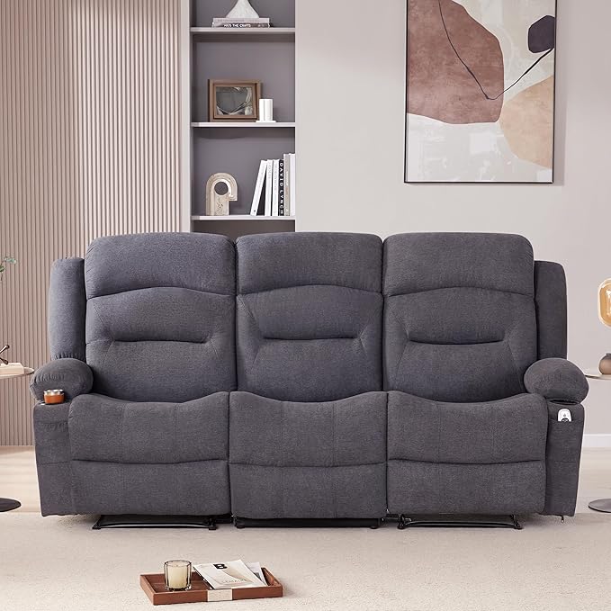 Oversized Recliner Sofa with Heat and Massage Wall-Hugger Reclining Sofa with Cup Holders and USB Port Big Large 3-Seater RV Recliner Couch Sofa for Living Room (Fabric Grey)