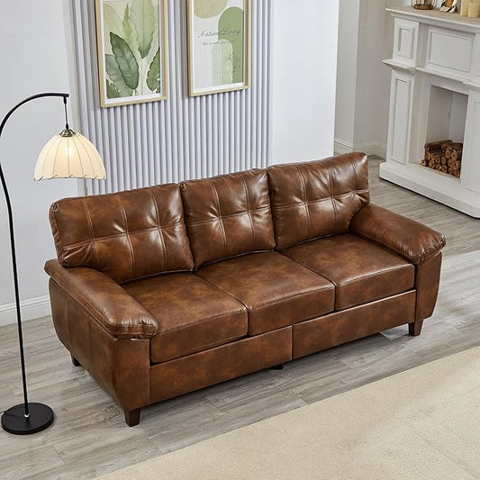 79 Faux Leather 3-Seater Sofa with Storage Mid-Century Modern Tufted Couch with Deep Seat &amp Wide Armrest Vintage PU Upholstered Sofa for Living Room Apartment Office Comfortable Lounge Couch