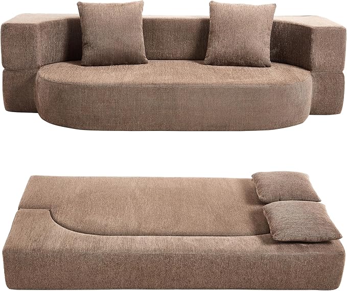 Folding Sofa Bed Convertible Futon Sleeper Bed 2-in-1 Foldable Floor Mattress with 2 Pillows Breathable High-Density Foam Lazy Couch Comfy Lounge Chair Brown