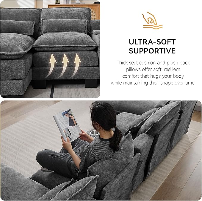125'' U Shaped Cloud Modular Sofa Chenille Upholstered Comfy Sectional Couch with Storage Console USB Charging Ports &amp Cup Holders Modern Deep Seat Sofa for Living Room Grey