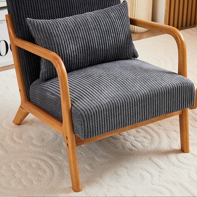 Mid Century Modern Accent Chair Arm Chair Living Room Chairs with Pillow Upholstered Reading Chair with Solid Wood e Living Room Bedroom Balcony (Antique Dark Grey)