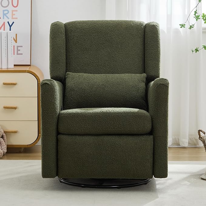 Modern Swivel Rocker Recliner Chair 29.5'' Wide Wingback Swivel Rocker Recliner Chair Linen Fabric Rocking Chair Nursery Chair for Living Room Apartment (Seaweed Green/79)