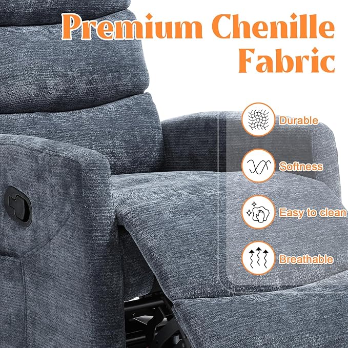 Luxlen Manual Swivel Rocker Recliner Chair with Massage Overstuffed Recliner Glider with Vibration Massage and Heat for Nursery Living Room Reclining Sofa Chair Fabric Blue