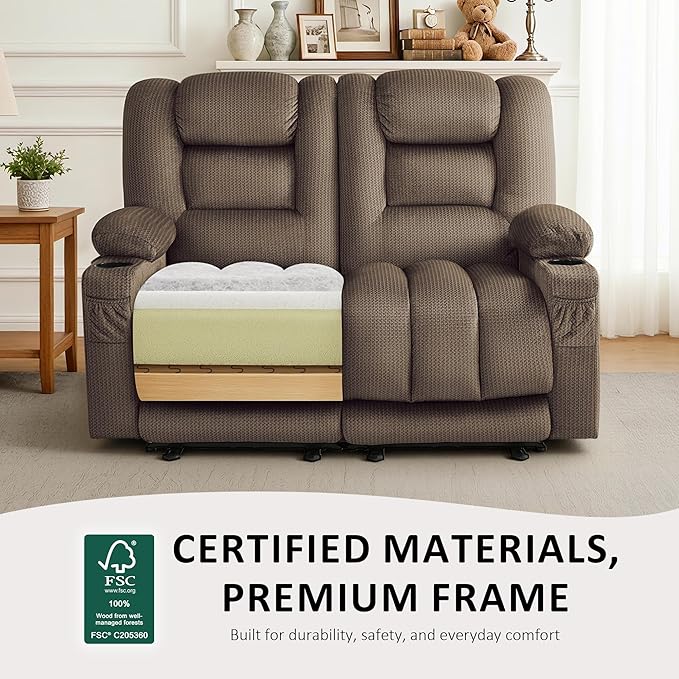 MCombo 55.9 Zero Gravity Power Loveseat Recliner with Heat and Vibration Massage Reclining Loveseat Sofa with USB Ports Cup Holders for Living Room Fabric PR648SET (Dark Brown)