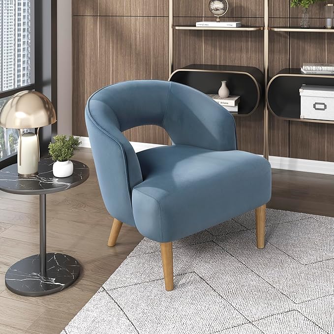 Lexicon Accent Arm Chair Modern Comfy Velvet Accent Chair Open Back with Solid Wood Legs for Living Room/Bedroom/Office/Waiting Room Blue