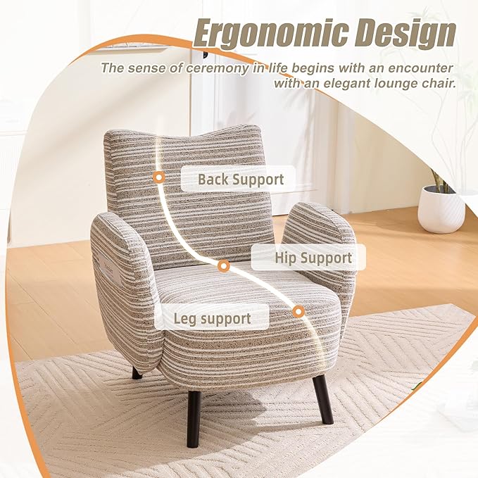 Modern Upholstered Armchair with Side Storage Pocket Fabric Reading Chair with Solid Wood Legs Ergonomic Accent Chair for Living Room Bedroom &amp Office (Khaki)