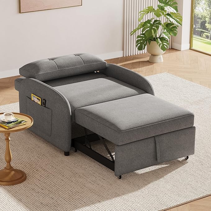 3-in-1 Convertible Sleeper Sofa Bed with Pillow &amp Pocket Loveseat Sleeper Chair in Soft Cotton Linen for Living Room Bedroom Study Apartment Grey