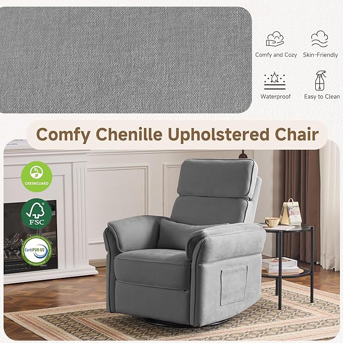 MELLCOM Power Recliner Rocking Chair Nursery Gliders with Adjustable Armrests and Headrest Swivel Electric Glider Reclining Nursing Chair with USB Port and Storage Bags FSC Certified