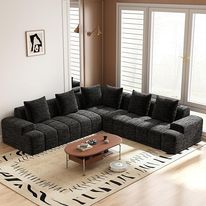Cloud Modular Sectional Sofa Couch 108 V Shaped Chenille Fabric Memory Foam Sofa 5 Seater with 6 Pillows Firm Cushions for Living Room ApartmentBlack