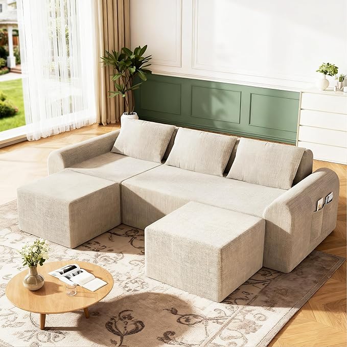 Rengue Cloud Sectional Couch with 3 Pillows &amp 2 Ottomans Boneless Couches for Living Room U Shaped Sectional Sofa Deep Seat Comfy Couch for Small Spaces No Assembly Required (Beige) 72h to Rest