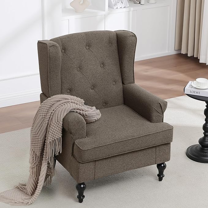 Accent Chair for Living Room Mid Century Modern Upholstered Armchair Wingback Chair with Tufted High Back and Solid Legs Comfy Side Chairs Single Sofa for Bedroom Brown