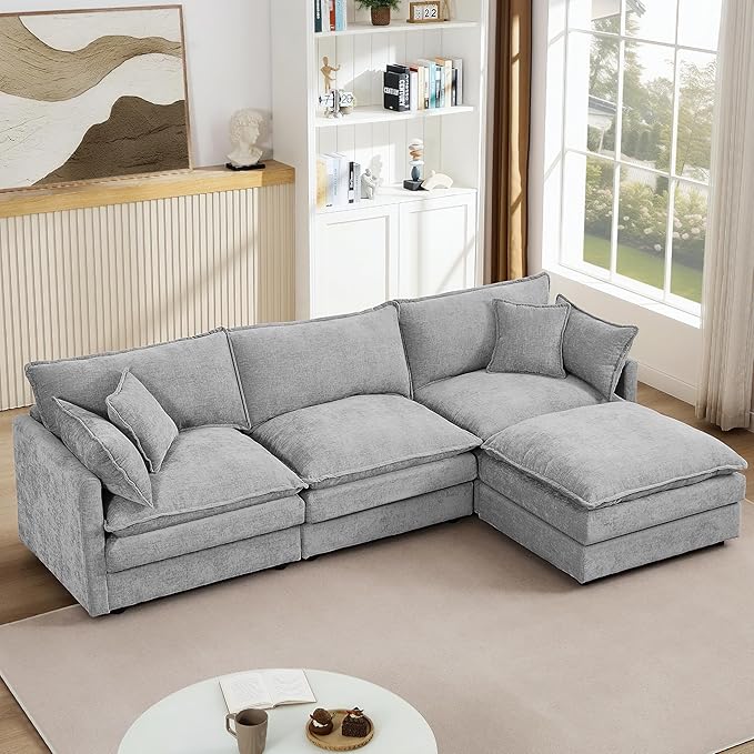 102 L-Shaped Sofa for Living RoomModular Sectional Cloud Sofa Couch with OttomanModern Chenille 3 Seater Sofas with Deep SeatSmall L Shaped Couches for Bedroom (Grey 102)